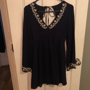 Navy Cream Long Sleeve Women’s Embroidered Dress